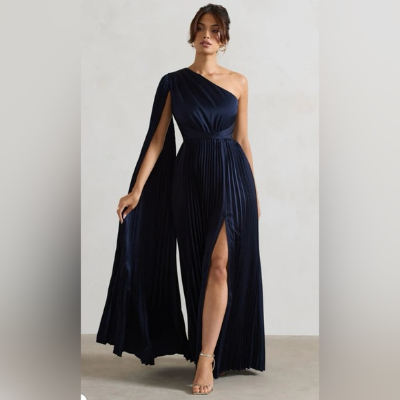Wedding Gown One Shoulder Dress With Cape Bridesmaid Dress Maxi Dress One  Sided Sleeve Gown Navy Plisse Asymmetric Split Maxi Dress With Cape
